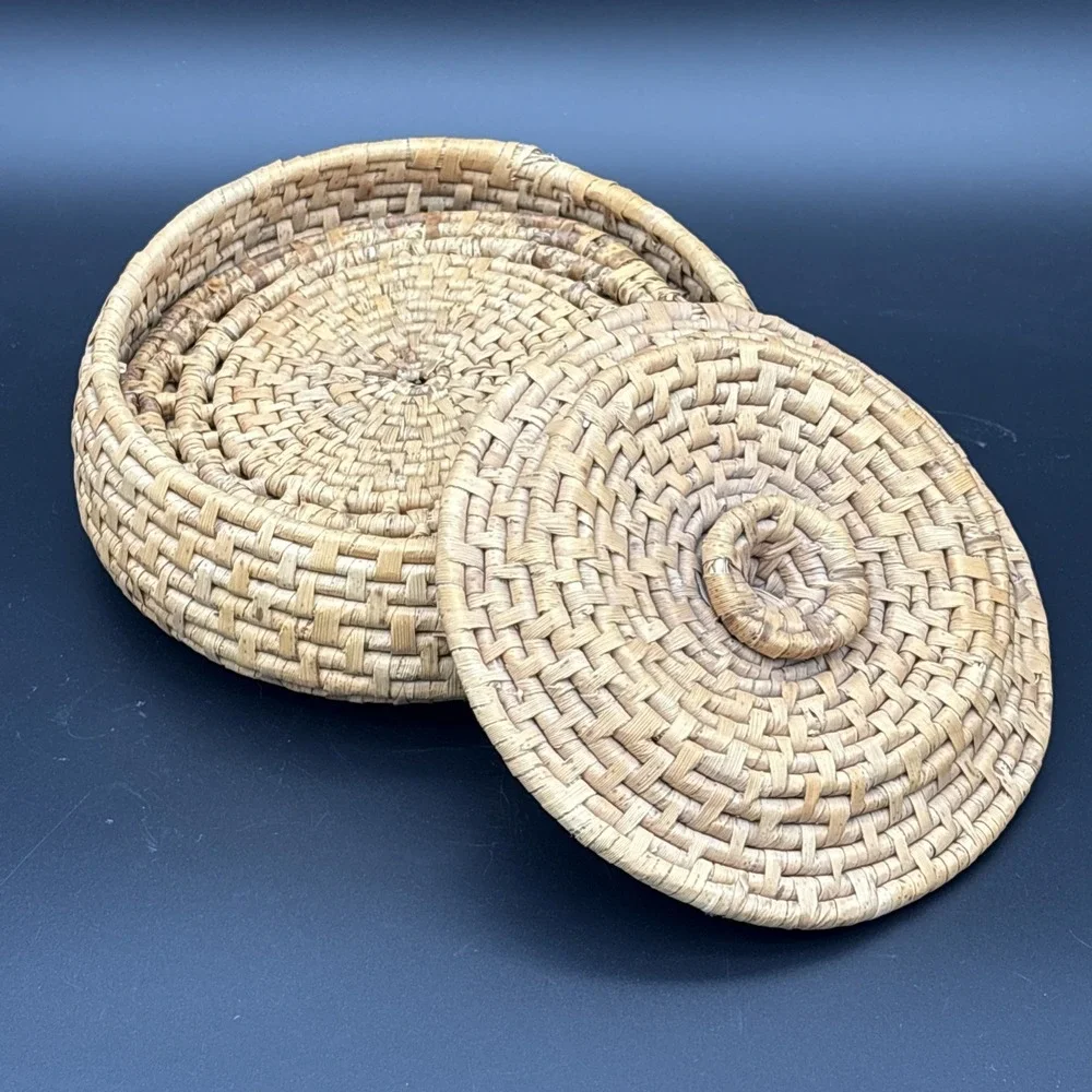 Vintage Handmade Coiled Sweetgrass Coaster Trivet Set 6 Pc Woven Holder Bowl
